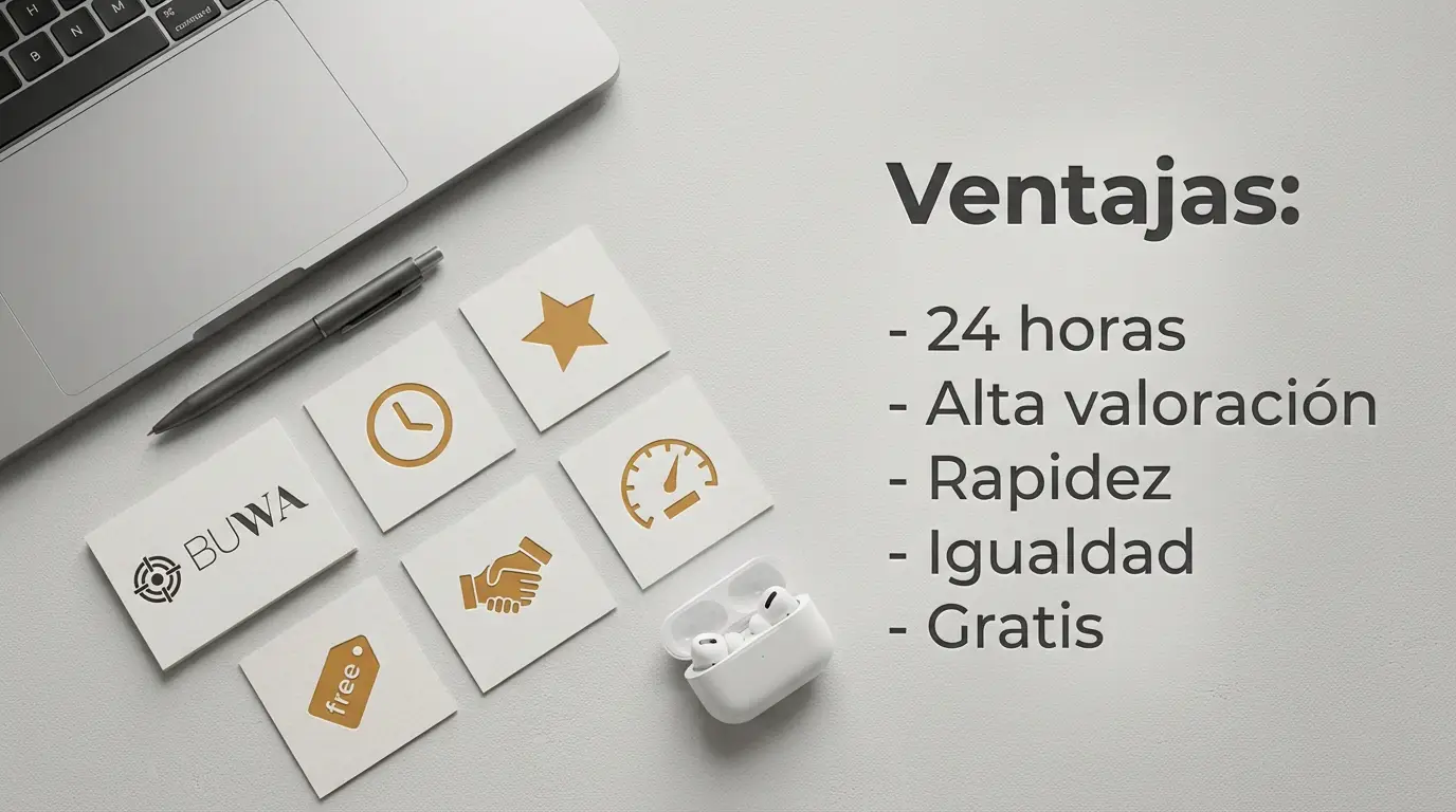 Tarjetas con iconos que representan disponibilidad, recomendaciones, rapidez, igualdad y registro gratuito