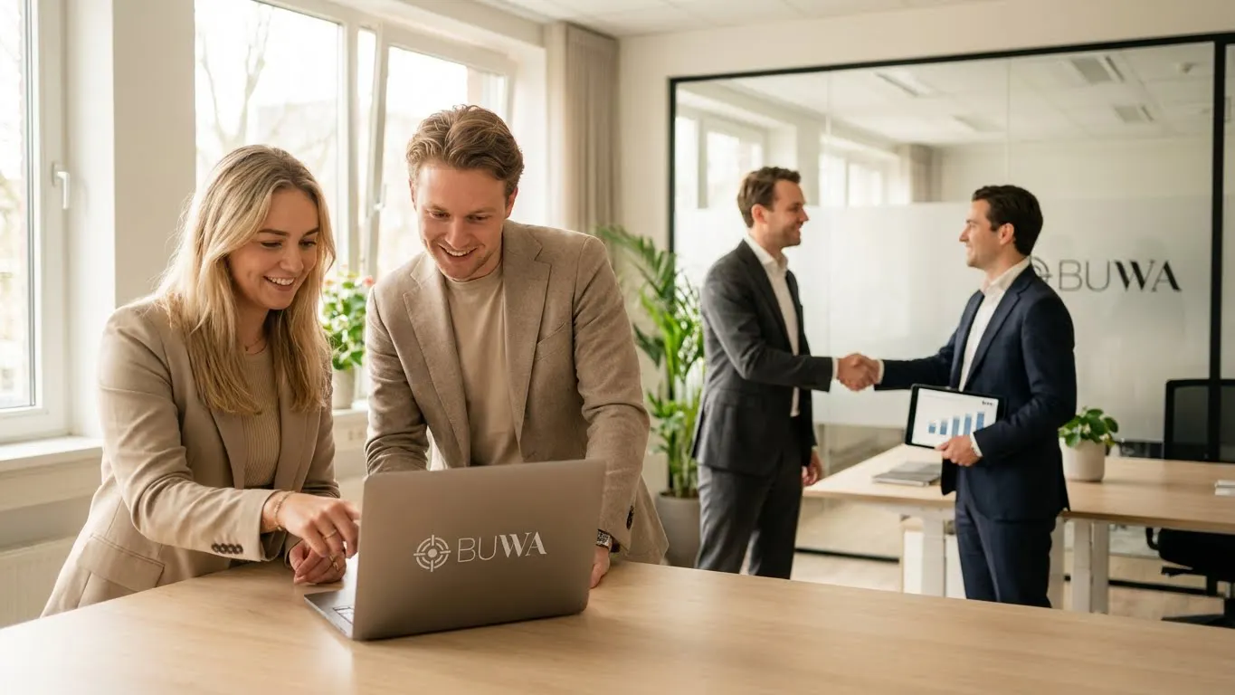 Esquema que muestra a demandantes y proveedores de RR. HH. conectados por la plataforma BUWA con flechas bidireccionales