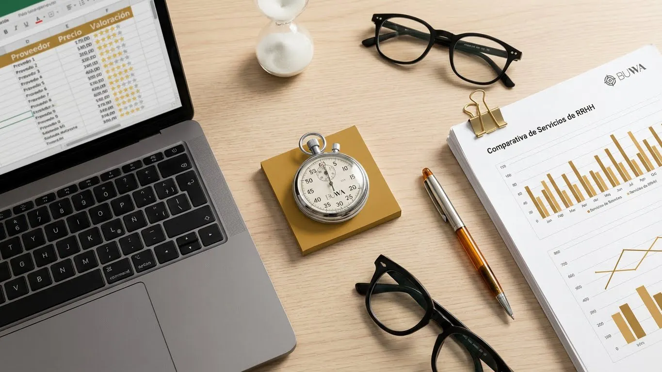 Cronómetro, gráficos y documentos que simbolizan ahorro de tiempo y comparación de proveedores de RR. HH.