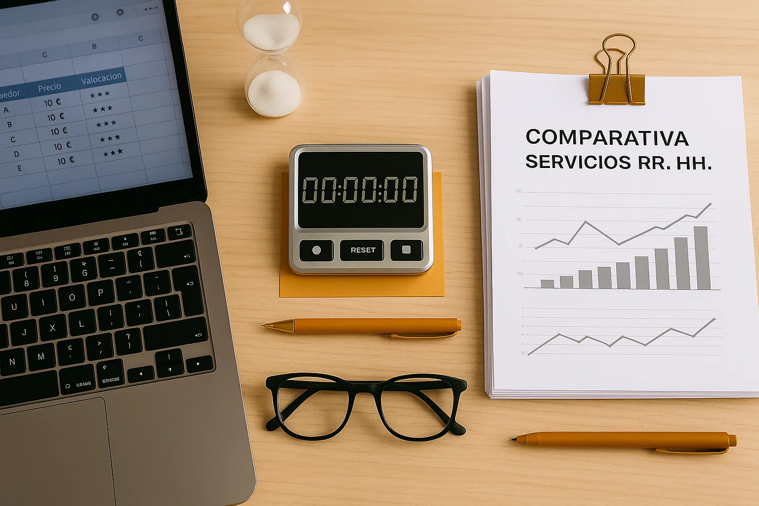 Cronómetro, gráficos y documentos que simbolizan ahorro de tiempo y comparación de proveedores de RR. HH.